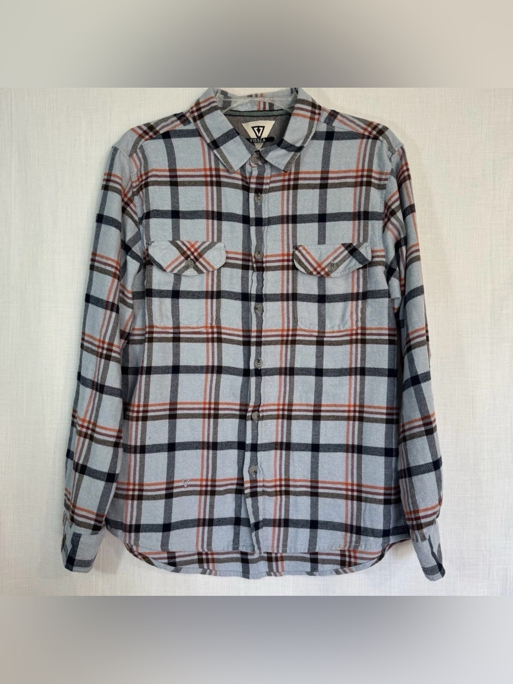 VISSLA Flannel Plaid Button-Down Shirt with Orange Accent